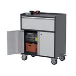 AOBABO Metal Storage Cabinet with Wheels, Mobile Metal Garage Cabinet with 1 Drawer and 2 Locking Doors, Small Rolling Tool Storage Cabinet, Assembly Required, Black/Gray