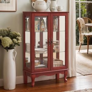 CKEASEAN Lighted Curio Cabinet, 44" H Glass Display Cabinet with 3-Tier Adjustable Glass Shelves, China Cabinet with Mirrored Back Panel for Living Room, Light Blub Included