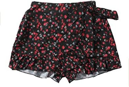 MakeMeChic Women's Boho Floral Print Elastic Waist Ruffle Wrap Tie Skorts Skirt Skorts Black and Red XS