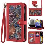 Asuwish Phone Case for Samsung Galaxy Note 9 Wallet Cover with Tempered Glass Screen Protector and Crossbody Wrist Strap Leather Flip Pattern Zipper Card Holder Stand Cell Note9 Not S9 Women Men Red