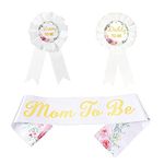 Yuarmi 3 Pcs Mom to Be Sash,Green Forest Theme Mom To Be Sash Set with Cute Badge,Daddy to be Tinplate Badge Pin and Mom to be Sash Kit for Baby Shower Decorations Gender Reveals Party Gifts