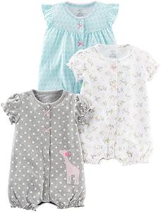 Simple Joys by Carter's Baby Girls' Snap-Up Rompers, Pack of 3, Blue/White/Grey, Swan/Floral/Dots, 0-3 Months