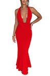 LuFeng Women's Sexy Sleeveless Summer Dress Backless Deep V Neck Halter Bodycon Maxi Party Dress, Red, S