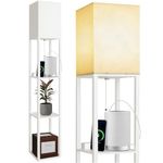 DEANIC Floor Lamp with Shelves, Modern Standard LED Lamps Living Room Bedroom Office, Wooden Tall Standing Lamp Reading Lamp Stand (White, with USB Charging)