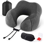 Emgthe Travel Pillow 100% Memory Foam Pillow, Neck Pillow for Airplane, Neck & Head Support Pillow for Sleeping Rest & Car, Travel Pillows Kit with Storage Bag, Sleep Mask and Earplugs Dark Grey