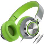 Ailihen C8 Foldable Headphones with Microphone and Volume Control Lightweight Stereo Headsets for 3.5mm Android Cellphones Smartphones Laptop Computer Mp3(Grey/Green)