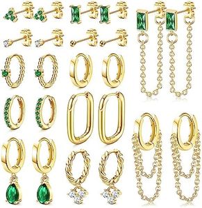 LOLIAS 12 Pares Verdes Pendientes Dorados para Múltiples Piercings Mujer Acero Inoxidable Juego de Aretes Chapados en Oro Cadena Pendientes Aro Oro Pequeños Piercing Oreja