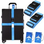 Luggage Starps with Tags Set, 2 pcs Suitcase Straps with Password Lock + 2pcs Luggage Tags, Travel Packing Accessories Set (Blue)