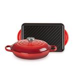 Le Creuset Cast Iron 2 piece set, comprises a Signature 26cm Shallow Casserole with a 32cm Rectangular Grill, Cerise