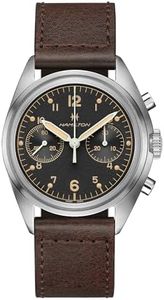 Hamilton Watch Khaki Aviation Pilot Pioneer Mechanical Chrono | Swiss Made | 40mm Stainless Steel Case | Black Dial Analog Watch | Brown Leather Strap (Model: H76409530), Black, Classic