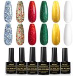 INPING Christmas Gel Nail Polish, 6 Colors Glitter Santa Red Green Gold Snow Blue White Colorful Sparky Diamond Confetti Nail Varnish Soak Off UV/LED for Nail Art Salon, New Year