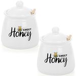 Hedume Set of 2 Porcelain Honey Jar with Lid and Honey Dipper, 13.5 oz Ceramic Honey Pot with Wood Honey Dipper, Honey Bee Pot for Home