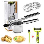 HOTLIKE Stainless Steel Potato Ricer, Potato Masher, Multifunctional Professional Masher, Heavy Duty Food Press with Brush, Peeler and 3 Replaceable Strainer for Fruit, Vegetable, Puree Maker