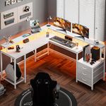 Huuger L Shaped Gaming Desk with LED Lights and Power Outlets, Computer Desk with 3 Drawers, 66.1 Inches Corner Desk, Home Office Desk with Printer and Monitor Stand, Large Storage Space, White