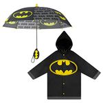 DC Comics Kids Umbrella and Slicker, Batman or Superman Toddler Boy Rain Wear Set, for Ages 2-7, Batman - Black, 2-3T