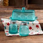 The Pioneer Woman Adeline Glass Butter Dish with Salt And Pepper Shaker Set,Turquoise | Stunning Adeline Butter Dish with Salt And Pepper Shaker Set - Turquoise by Product The Pioneer Woman
