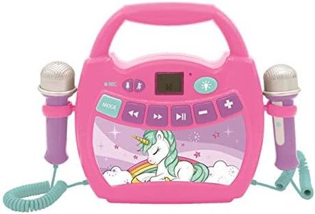 Lexibook MP320UNIZ Unicorn Portable Digital Karaoke Player for Kids Microphones, Light Effects, Bluetooth, Recording and Voice Changer Functions, Rechargeable Battery, Purple, Multicolor, Pink