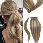 Ponytail Human Hair Extensions Ash Brown Mixed Platinum Blonde Balayage Ponytail Hair Piece Wrap Around Blonde Highlight Clip in Ponytail Remy Hair Extensions for Women 18 Inch 80G