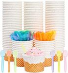 100 Pack Ice Cream Cups with Spoons, Disposable Dessert Bowls for Sundae Bar, Frozen Yogurt (8 oz)