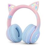 Sendowtek Kids Wireless Headphones Over Ear Cat Earphone with Flashing Lights Foldable Headphone Built-in Mic Cute Bluetooth Children Headphones for Kids Girls Boys Adults Travel Plane