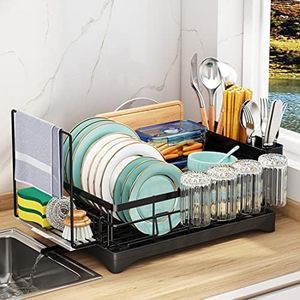 SYAMEET Dish Drying Rack, 360 Degree Rotating Drainer,Rustproof Dish Rack for Kitchen Countertop with Draining Board, Cutting Board Holder, Rag Holder, Cutlery Rack