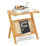 CASART Bamboo End Table, Rattan Side Table Accent Night Stand with Tempered Glass Top & Magazine Rack, Boho Z-shaped Coffee Table for Living Room Bedroom Study (A-shaped Legs, Natural)