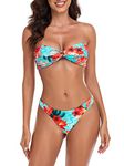 RELLECIGA Women's Twist Front Bandeau Strapless Bikini Swimsuit Two Piece Bathing Suits, Blue Floral, Medium