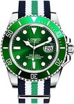 LOREO Mens Silver Stainless Steel Sapphire Glass Black Rotating bezel Men's Automatic Watch, green/Nylon, Diving Watch