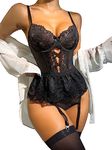 GORGLITTER Women's Floral Lace Lingerie Sets 3 Piece Carter Sexy Cut Out Sleeveless Bodysuit and Tights Set Black XL