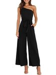 ANRABESS Women's Summer Dressy One Shoulder Sleeveless Tie Waist Backless Casual Wide Leg Jumpsuit Rompers Pockets, Black, Medium