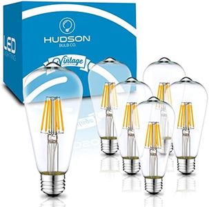Hudson Bulb Co. Vintage Edison LED Light Bulbs, 6W, E26/E27 Base, Dimmable 60W Equivalent, 4000K Daylight White Lights, ST58 Style Set for Home, Kitchen, Indoor and Outdoor Use - 6 Pack
