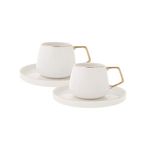 KARACA Saturn Turkish Coffee Cups, Espresso Cups Set of 2 Includes 4 Pieces, 3 oz Espresso Cup Set, Small Espresso Cups and Saucers, Set of 2 Demitasse Cups with Gold Handle on White Porcelain