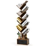 COSTWAY Tree Bookshelf, 10-Tiers Floor Standing Wooden Bookcase Storage Shelving Unit, Narrow Magazine Book Display Rack for Living Room, Bedroom and Office (Rustic Brown, with Drawer)