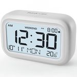 DOOMAY Digital Alarm Clock Bedside - Battery Powered Clock with LCD Display Volume Adjustable Snooze and Weekend Mode for Bedroom Office Desk Travel (White)