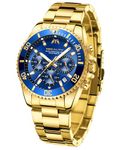 MEGALITH Mens Watches Gold Stainless Steel Analog Wrist Watch Luxury Waterproof Chronograph Sport Casual Fashion Mens Quartz Designer Watches for Men Dress, Auto Date Watch with Blue Dial