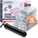 ClearSpace Vacuum Storage Bags, Space Saver Bags – 12 Combo Vacuum Seal Bags for Clothing, Blanket Storage, Clothes Storage – Vacuum Sealer Bags, Storage Bags or Travel Bags, Hand Pump Included