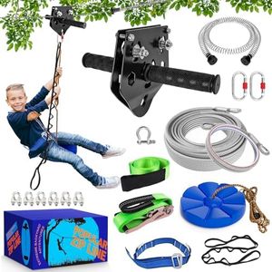 X XBEN Zip line Kit for Kids and Adults Outdoor: Up to 500Lbs - 200FT Quick Tighten Zipline for Backyard with Removable Trolley Swing Seat Spring Brake Ratchet Strap