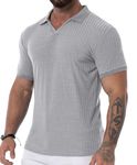 Askdeer Men's Muscle V Neck Polo Shirts Short Sleeve Slim Fit Golf Shirts Stretch Ribbed Casual Tshirt Gray