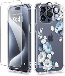 GVIEWIN for iPhone 15 Pro Case Floral, with Screen Protector+Camera Lens Protector, [Not Yellowing] Slim Shockproof Clear Protective Phone Cover for Women, Flower Pattern Design (Rosa Chinensis/Blue)