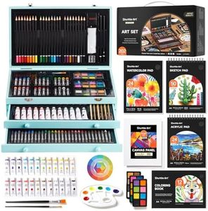 Shuttle Art Deluxe Gift Art Kit, 202-Piece Wooden Art Supplies Set with 4 Drawing Pads, Canvases, Coloring Sheets, Acrylic Paint, Crayons, Oil Pastels, Colored Pencils for Kids