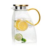 AstraLoom 60oz Glass Pitcher with Lid,Flat Design Fits in Fridge, Rotating Lid with Pin-Hole and Large Spouts,Borosilicate Glass Jug with Golden Handle, Perfect for Tea, Milk, and Juice