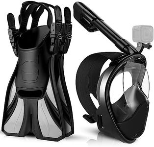 Odoland Snorkeling Packages Set, Full Face Snorkel Mask with Adjustable Swim Fins and Lightweight Backpack, Anti-Fog Anti-Leak Snorkeling Masks Gear for Men Women Adult, Black,S/M
