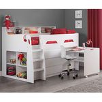 White Wooden Kids Bed, Happy Beds Jupiter Mid Sleeper with Storage and Desk - 3ft Single (90 x 190 cm) Frame Only