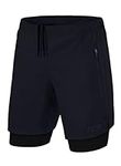 TCA Ultra 2 in 1 Compression Shorts Men Running Gym Shorts for Men with Zipped Pockets - Navy/Black (2X Zip Pockets), S