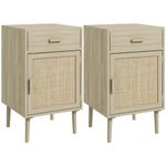 HOMCOM Tall Nightstands Set of 2, Boho Bedside Tables with Drawer, Cabinet, Adjustable Shelf, Rattan End Tables with Storage for Bedroom, Oak