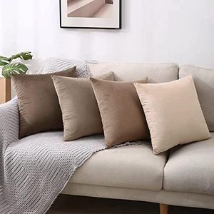Neutral Pillow Covers 18x18 Inch Set of 4, Soft Velvet Pillow Covers Cushion Cases, Solid Throw Pillows, Luxurious Decorative Square Couch Pillow Covers for Living Room Bed Decoration, Beige/Brown