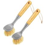 Dish Scrub Brush with Washing Handle - Dish Brush, Dish Scrubbing Brush, Dish Brush with Handle, Dish Brush Bamboo, Scrub Brushes for Cleaning Dishes for Pans, Sink, Pots, Cast Iron Skillet - 2 Pack