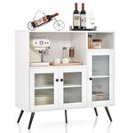 COSTWAY Industrial Storage Cabinet, Floor Standing Wooden Sideboard with Tempered Glass Doors, Adjustable Shelf & 5 Steel Legs, Side Cabinet Display Cupboard for Living Room Dining Room (White)