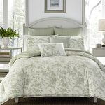 Laura Ashley - Queen Comforter Set, Reversible Cotton Bedding, Includes Matching Shams with Bonus Euro Shams & Throw Pillows (Amberley Green, Queen)