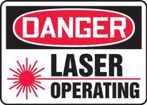 Accuform Signs MRAD021VS Adhesive Vinyl Safety Sign, Legend "DANGER LASER OPERATING" with Graphic, 7" Length x 10" Width x 0.004" Thickness, Red/Black on White